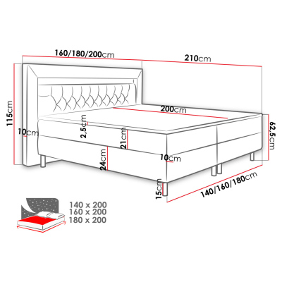 Boxpsringová posteľ s LED osvetlením 180x200 DELBIN - šedá + topper ZDARMA