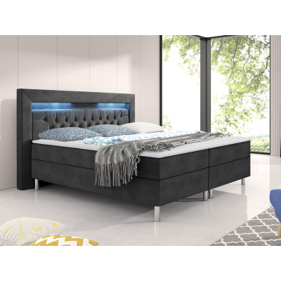 Boxspringová posteľ s LED osvetlením 140x200 DELBIN - šedá + topper ZDARMA