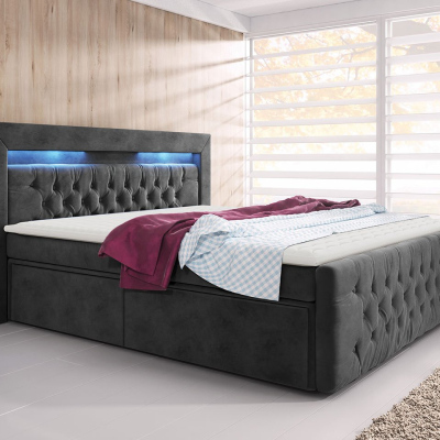 Boxspringová posteľ s LED osvetlením a štyrmi zásuvkami 180x200 DELBIN - šedá + topper ZDARMA