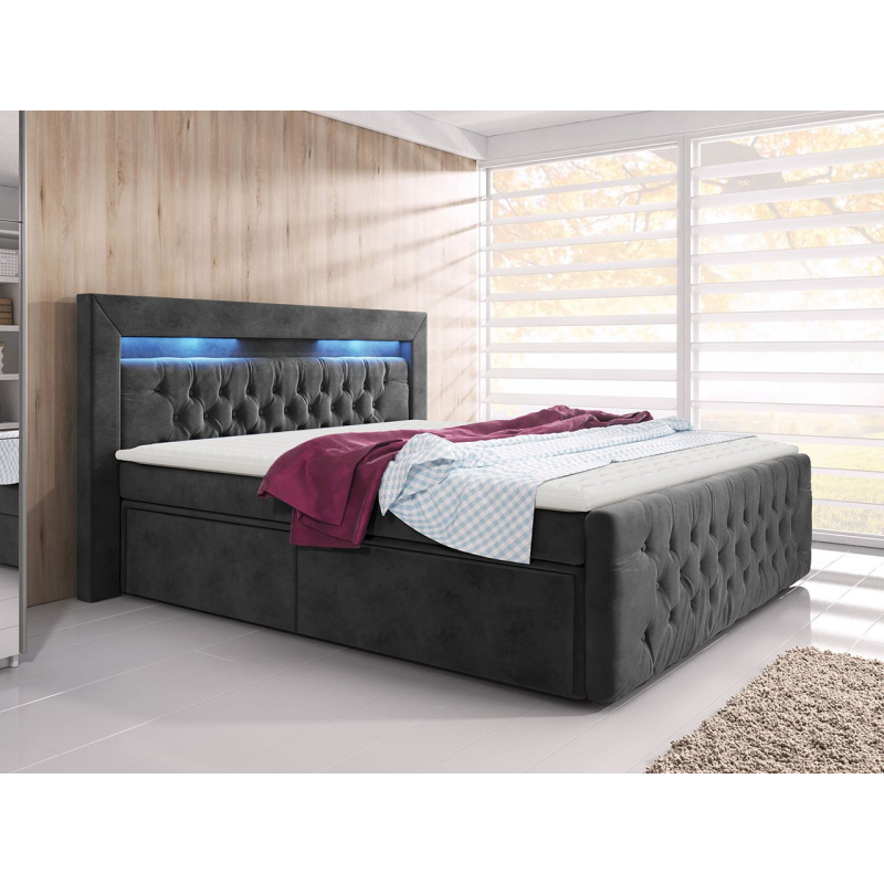 Boxspringová posteľ s LED osvetlením a štyrmi zásuvkami 160x200 DELBIN - šedá + topper ZDARMA