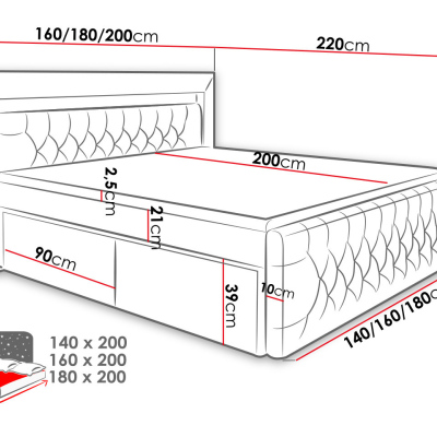 Boxspringová posteľ s LED osvetlením a štyrmi zásuvkami 180x200 DELBIN - šedá + topper ZDARMA