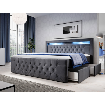 Boxspringová posteľ s LED osvetlením a štyrmi zásuvkami 140x200 DELBIN - šedá + topper ZDARMA