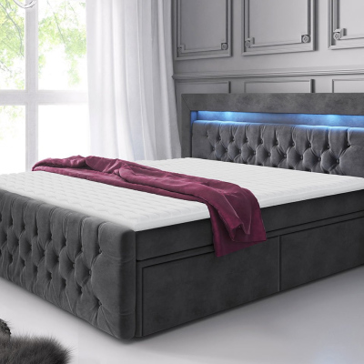 Boxspringová posteľ s LED osvetlením a dvomi zásuvkami 140x200 DELBIN - šedá + topper ZDARMA