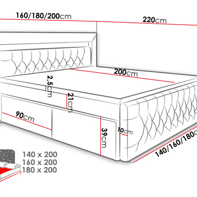 Boxspringová posteľ s LED osvetlením a dvomi zásuvkami 160x200 DELBIN - šedá + topper ZDARMA