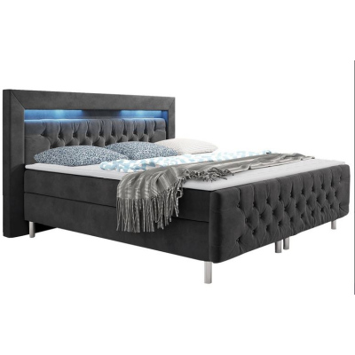 Boxspringová manželská posteľ s LED osvetlením 180x200 DELBIN - šedá + topper ZDARMA