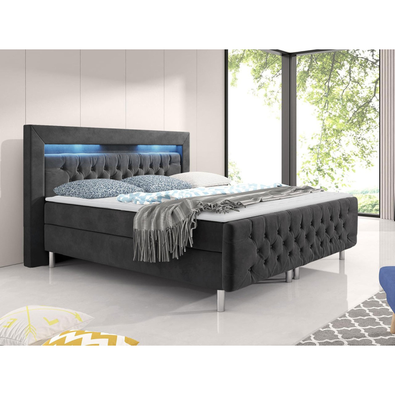 Boxspringová manželská posteľ s LED osvetlením 180x200 DELBIN - šedá + topper ZDARMA