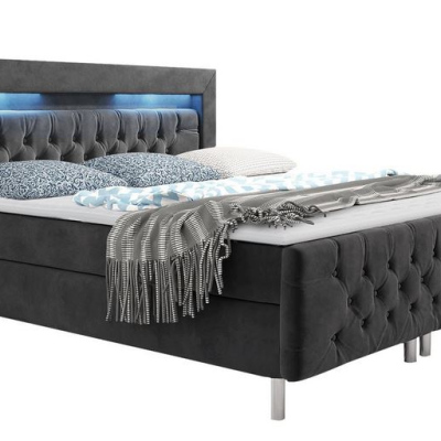 Boxspringová manželská posteľ s LED osvetlením 160x200 DELBIN - šedá + topper ZDARMA