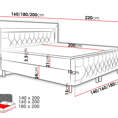 Boxspringová manželská posteľ s LED osvetlením 180x200 DELBIN - šedá + topper ZDARMA