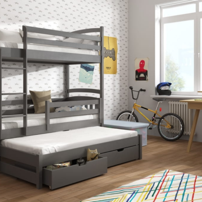 Poschodová posteľ so šuplíkmi a prístelkou ABAYOMI - 90x190, grafit