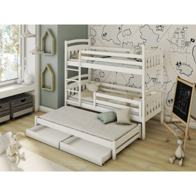 Poschodová posteľ so šuplíkmi a prístelkou ABAYOMI - 90x200, biela