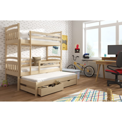 Poschodová posteľ so šuplíkmi a prístelkou ABAYOMI - 90x200, borovica