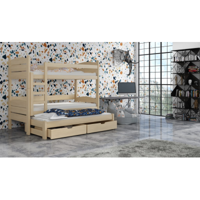 Poschodová posteľ so šuplíkmi a prístelkou CAILEAN - 80x180, borovica