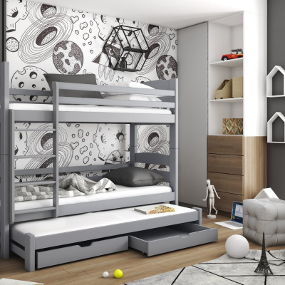 Poschodová posteľ so šuplíkmi a prístelkou CAILEAN - 80x180, šedá