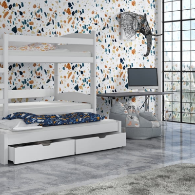 Poschodová posteľ so šuplíkmi a prístelkou CAILEAN - 80x200, biela