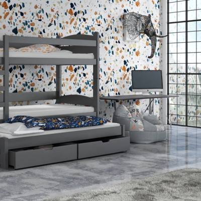 Poschodová posteľ so šuplíkmi a prístelkou CAILEAN - 90x190, grafit