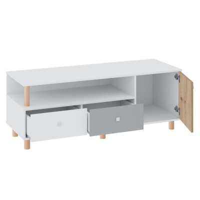 Televízny stolík ALANEN - biely / dub artisan / šedý