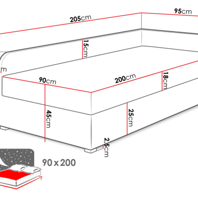 Váľanda 90x200 ALEP - šedá, ľavé prevedenie