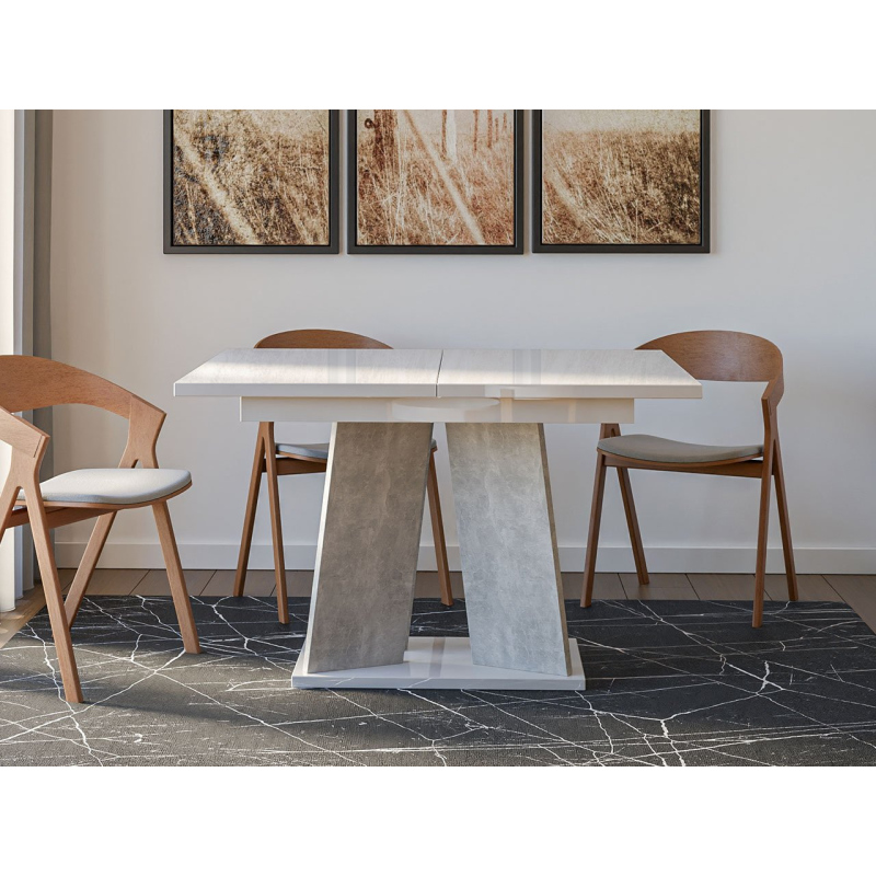 Moderný rozkladací jedálenský stôl RANDOY - betón / lesklý biely