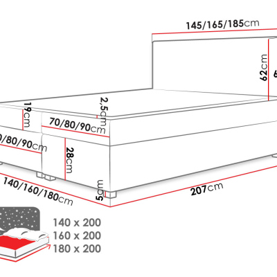 Americká manželská posteľ s vysokým čelom 180x200 PITEA - svetlá šedá + topper ZDARMA