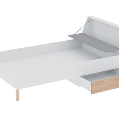 Jednolôžková posteľ s úložným priestorom 90x200 ALANEN - dub artisan / šedá / biela