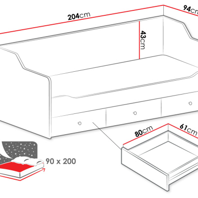 Jednolôžková posteľ so šuplíkmi 90x200 ROVARA - biela / lesklá biela