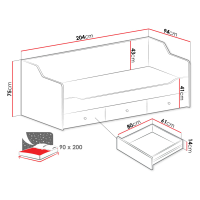 Jednolôžková posteľ so šuplíkmi 90x200 ROVARA - biela / lesklá biela