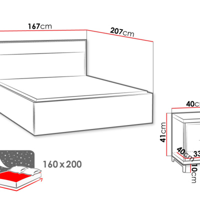 Spálňová zostava s LED osvetlením a posteľou 160x200 SUCRE 2 - orech hikora / dub / čierne nôžky