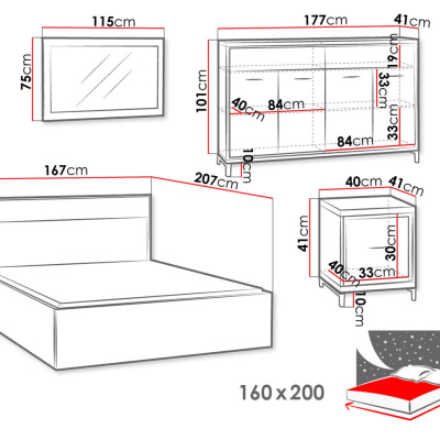 Spálňová zostava s LED osvetlením a posteľou 160x200 SUCRE 1 - orech hikora / dub / čierne nôžky