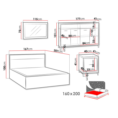 Spálňová zostava s LED osvetlením a posteľou 160x200 SUCRE 1 - orech hikora / dub / čierne nôžky