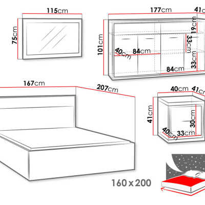 Spálňová zostava s LED osvetlením a posteľou 160x200 SUCRE 1 - orech hikora / dub