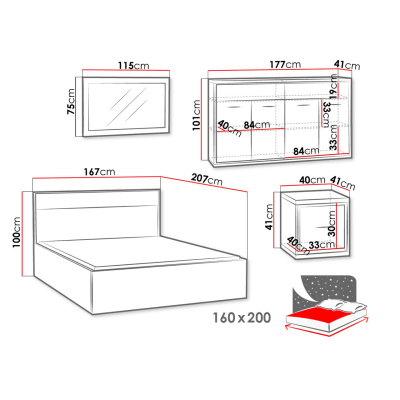 Spálňová zostava s LED osvetlením a posteľou 160x200 SUCRE 1 - orech hikora / dub