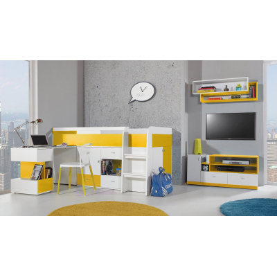 Nábytok do detskej izby s palandou 90x200 HARKA 1 - biely / žltý