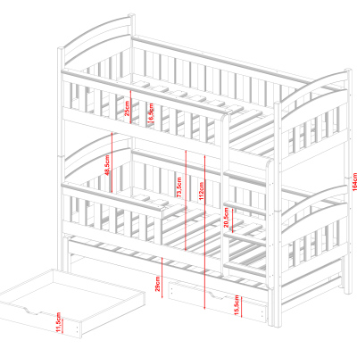 Poschodová posteľ so šuplíkmi a prístelkou HAFIA - 80x160, grafit