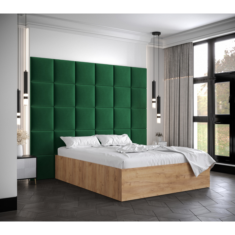 Manželská posteľ s čalúnenými panelmi MIA 3 - 160x200, dub zlatý, zelené panely