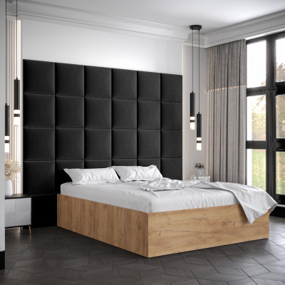 Manželská posteľ s čalúnenými panelmi MIA 3 - 160x200, dub zlatý, čierne panely