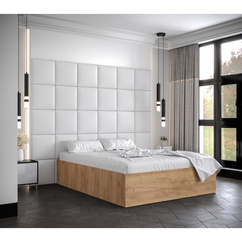 Manželská posteľ s čalúnenými panelmi MIA 3 - 160x200, dub zlatý, biele panely z ekokože