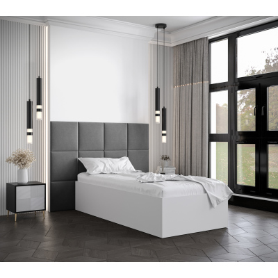 Jednolôžko s čalúnenými panelmi MIA 4 - 90x200, biele, šedé panely