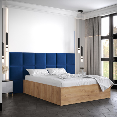 Manželská posteľ s čalúnenými panelmi MIA 4 - 160x200, dub zlatý, modré panely