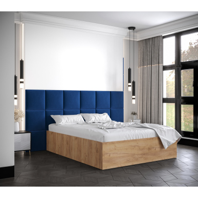 Manželská posteľ s čalúnenými panelmi MIA 4 - 160x200, dub zlatý, modré panely