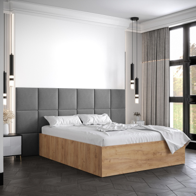 Manželská posteľ s čalúnenými panelmi MIA 4 - 160x200, dub zlatý, šedé panely