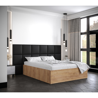 Manželská posteľ s čalúnenými panelmi MIA 4 - 160x200, dub zlatý, čierne panely z ekokože