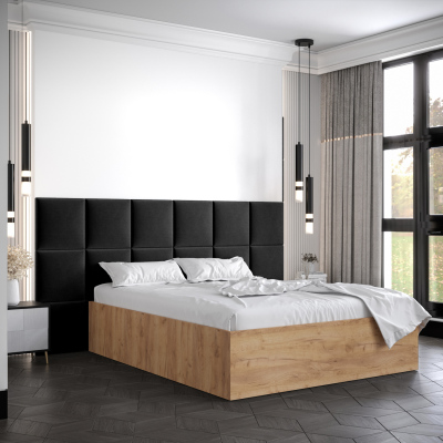 Manželská posteľ s čalúnenými panelmi MIA 4 - 140x200, dub zlatý, čierne panely