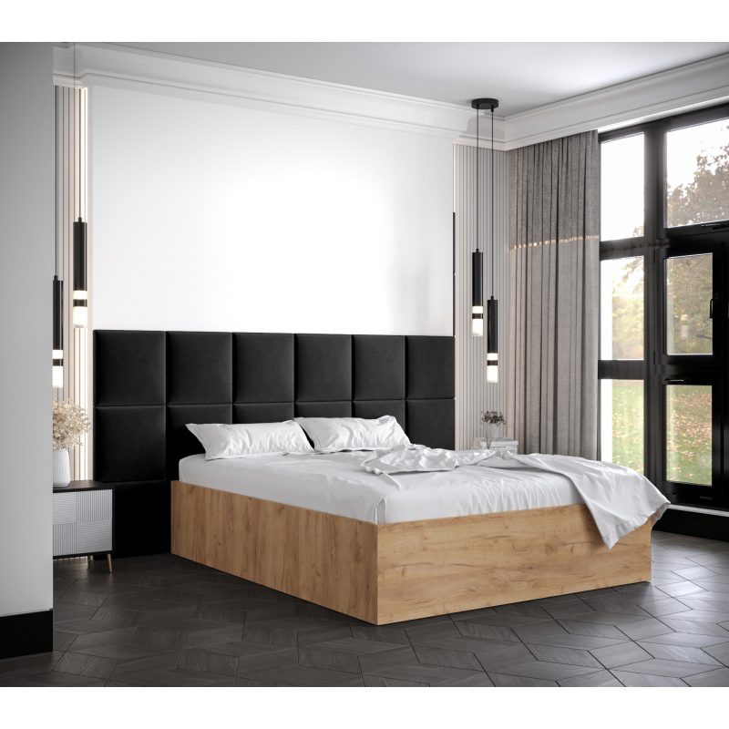 Manželská posteľ s čalúnenými panelmi MIA 4 - 140x200, dub zlatý, čierne panely