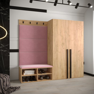 Predsieňový nábytok s čalúnenými panelmi HARRISON - dub zlatý, ružové panely