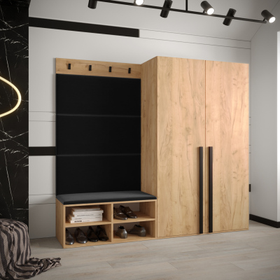 Predsieňový nábytok s čalúnenými panelmi HARRISON - dub zlatý, čierne panely
