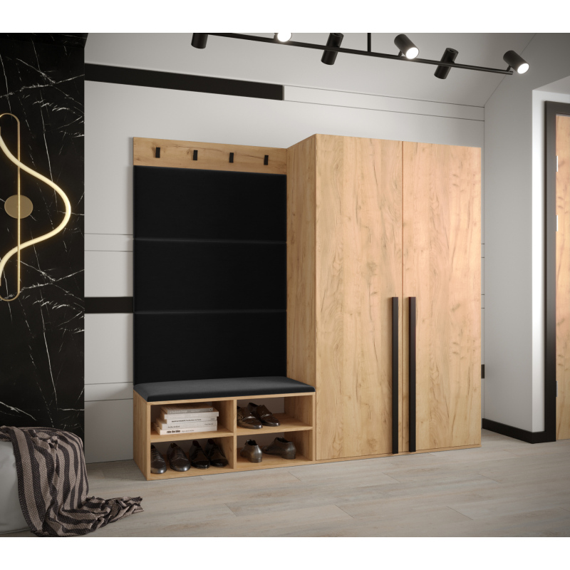 Predsieňový nábytok s čalúnenými panelmi HARRISON - dub zlatý, čierne panely