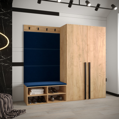 Predsieňový nábytok s čalúnenými panelmi HARRISON - dub zlatý, modré panely