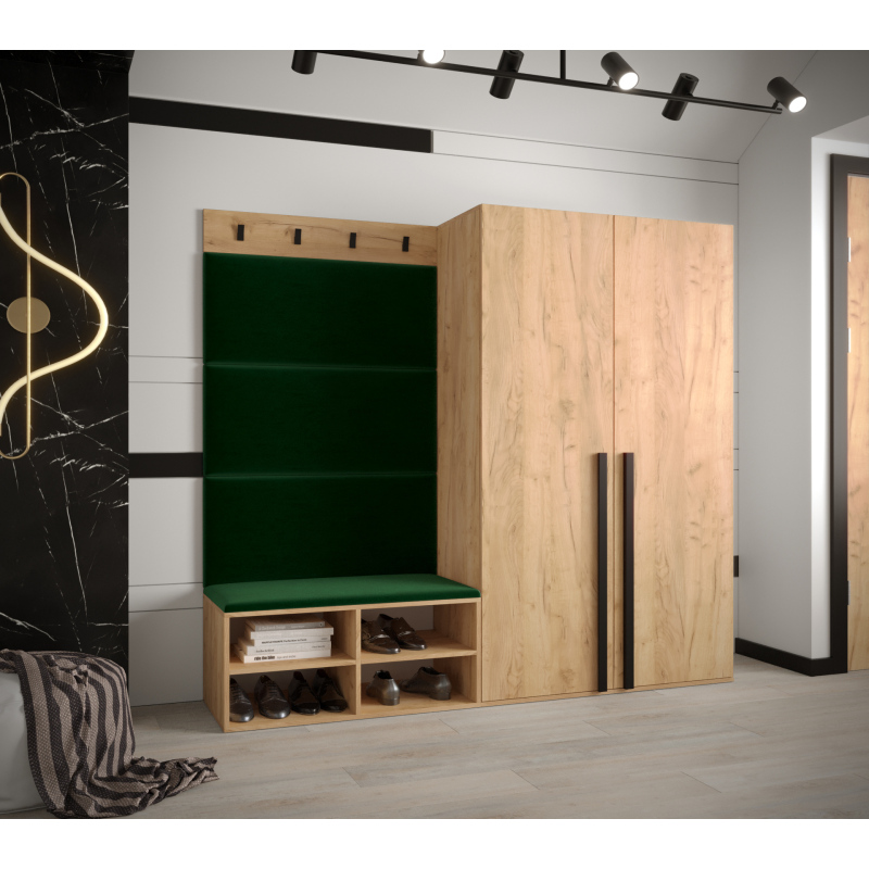 Predsieňový nábytok s čalúnenými panelmi HARRISON - dub zlatý, zelené panely