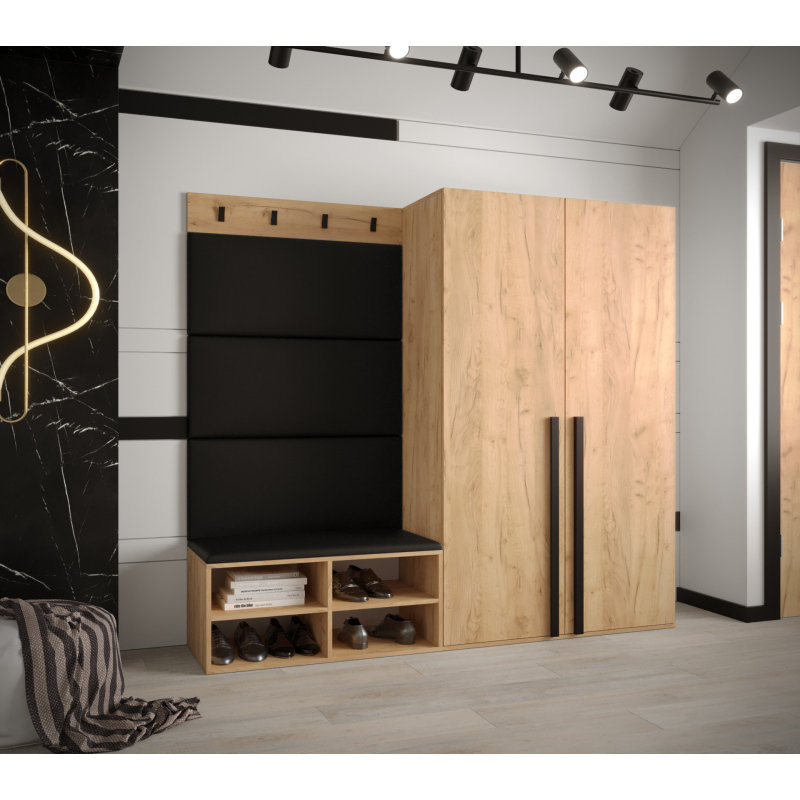 Predsieňový nábytok s čalúnenými panelmi HARRISON - dub zlatý, čierne panely z ekokože
