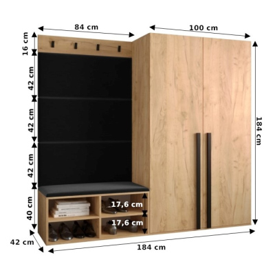 Predsieňový nábytok s čalúnenými panelmi HARRISON - dub zlatý, čierne panely z ekokože